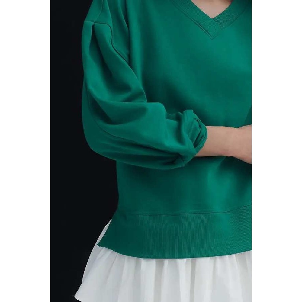Anthropologie Maeve Long-Sleeve V-Neck Twofer Knit Pullover Kelly Green Medium